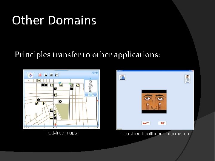 Other Domains Principles transfer to other applications: Text-free maps Text-free healthcare information 