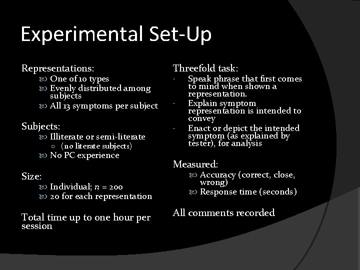 Experimental Set-Up Representations: One of 10 types Evenly distributed among subjects All 13 symptoms