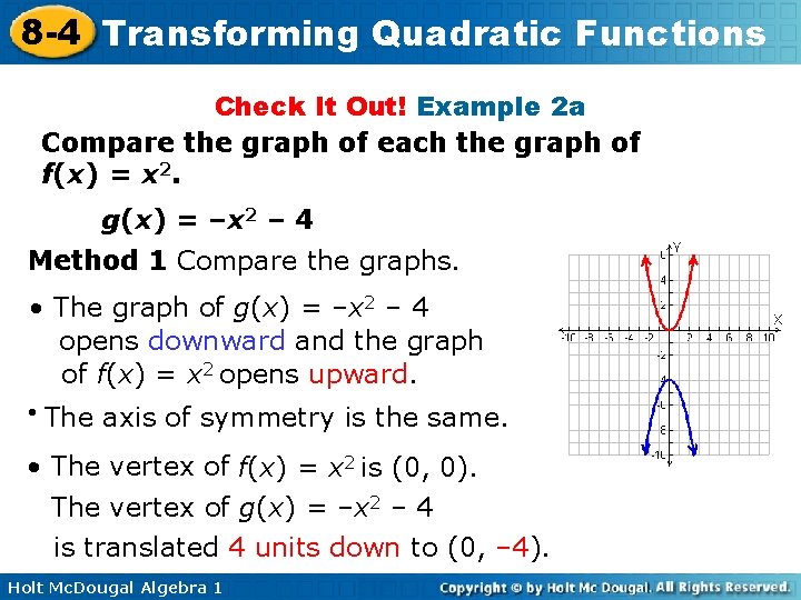 8 -4 Transforming Quadratic Functions Check It Out! Example 2 a Compare the graph
