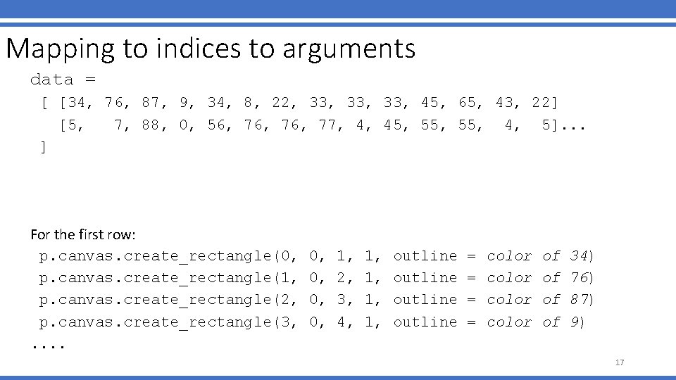 Mapping to indices to arguments data = [ [34, 76, 87, 9, 34, 8,