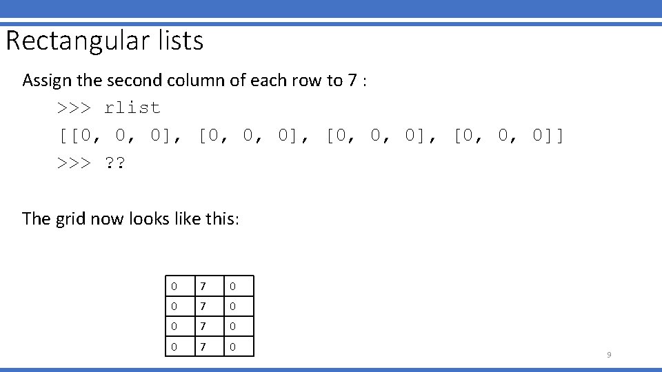 Rectangular lists Assign the second column of each row to 7 : >>> rlist