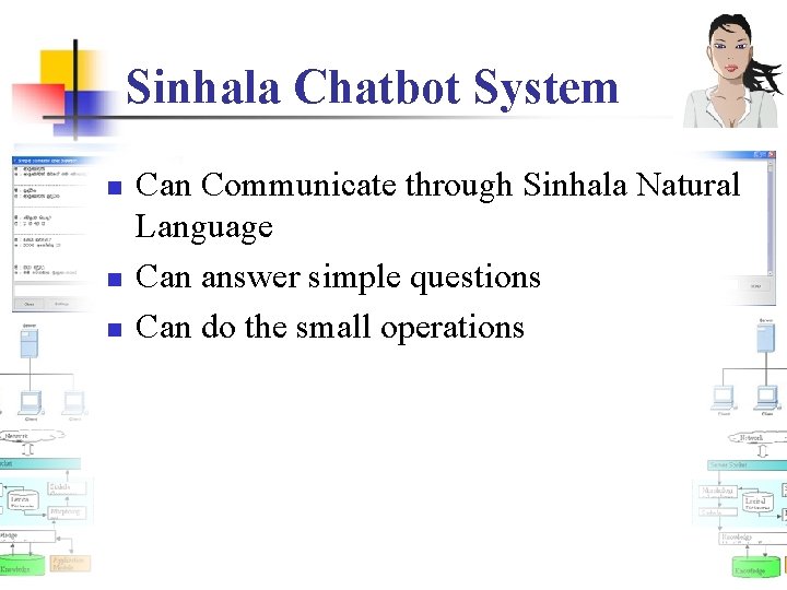 Sinhala Chatbot System n n n Can Communicate through Sinhala Natural Language Can answer