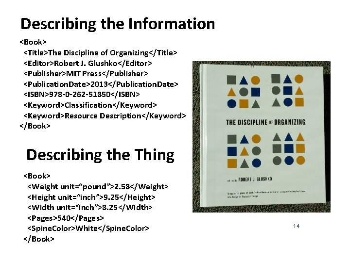 Describing the Information <Book> <Title>The Discipline of Organizing</Title> <Editor>Robert J. Glushko</Editor> <Publisher>MIT Press</Publisher> <Publication.