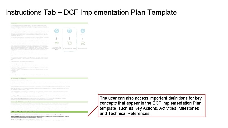 Instructions Tab – DCF Implementation Plan Template The user can also access important definitions