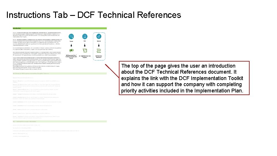 Instructions Tab – DCF Technical References The top of the page gives the user