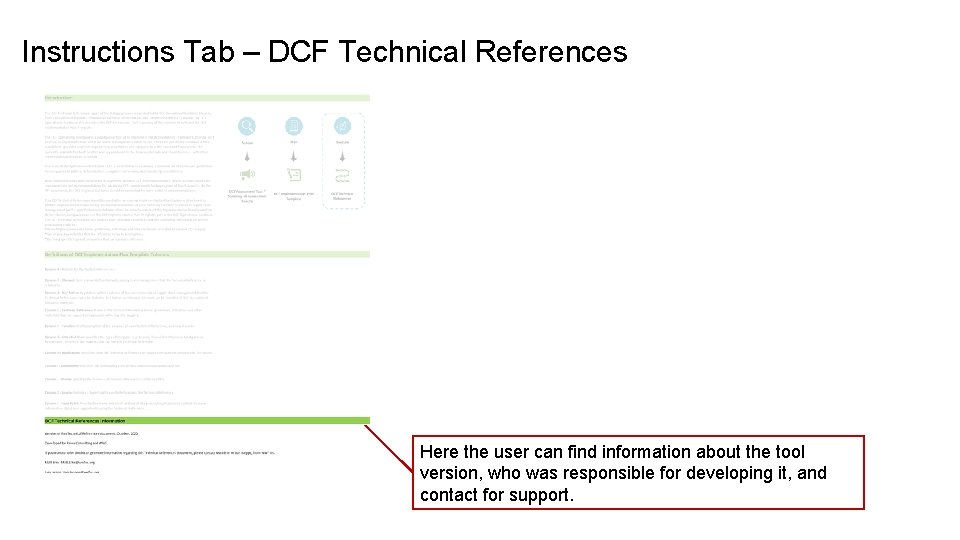 Instructions Tab – DCF Technical References Here the user can find information about the