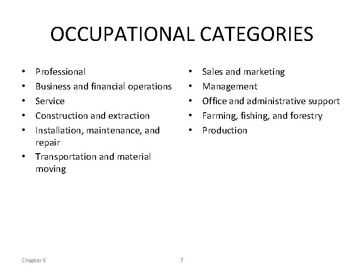 OCCUPATIONAL CATEGORIES Professional Business and financial operations Service Construction and extraction Installation, maintenance, and