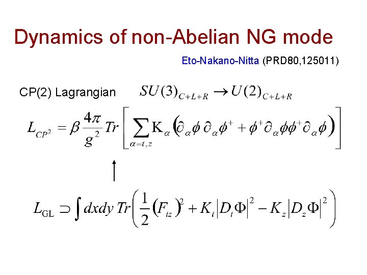 Dynamics of non-Abelian NG mode Eto-Nakano-Nitta (PRD 80, 125011) CP(2) Lagrangian Dynamics of non-Abelian NG mode Eto-Nakano-Nitta (PRD 80, 125011) CP(2) Lagrangian