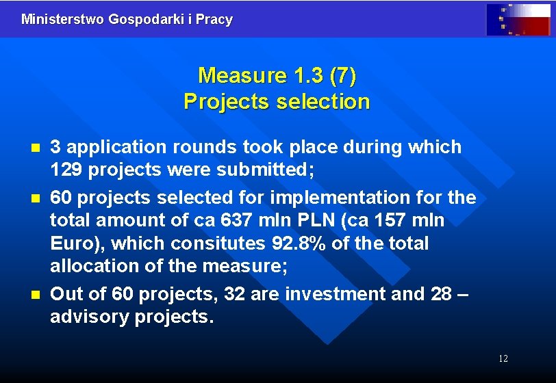 Ministerstwo Gospodarki i Pracy Measure 1. 3 (7) Projects selection n 3 application rounds