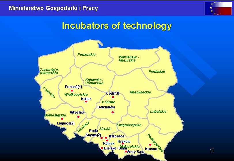 Ministerstwo Gospodarki i Pracy Incubators of technology Pomorskie Warmińsko. Mazurskie Zachodniopomorskie Podlaskie. Poznań(2) Lu