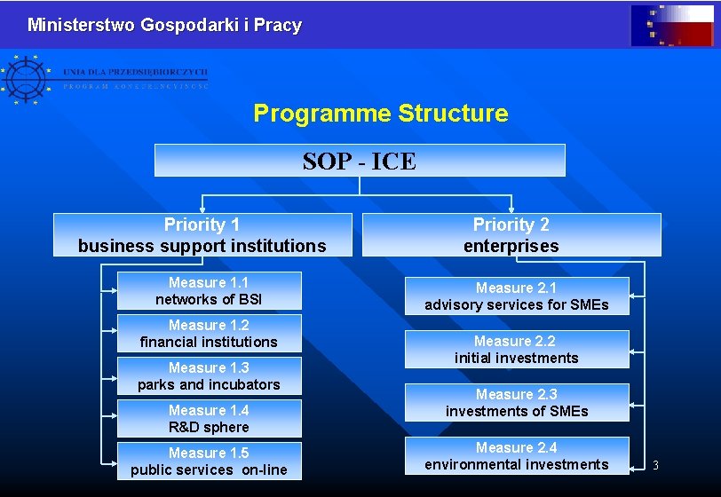 Ministerstwo Gospodarki i Pracy Programme Structure SOP - ICE Priority 1 business support institutions