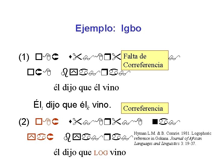 Ejemplo: Igbo (1) o o Falta de na s r Correferencia bya ra él