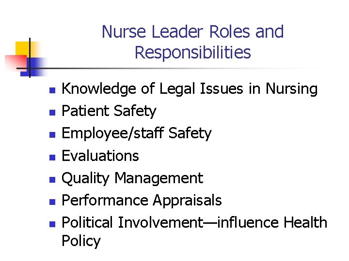 Nurse Leader Roles and Responsibilities n n n n Knowledge of Legal Issues in