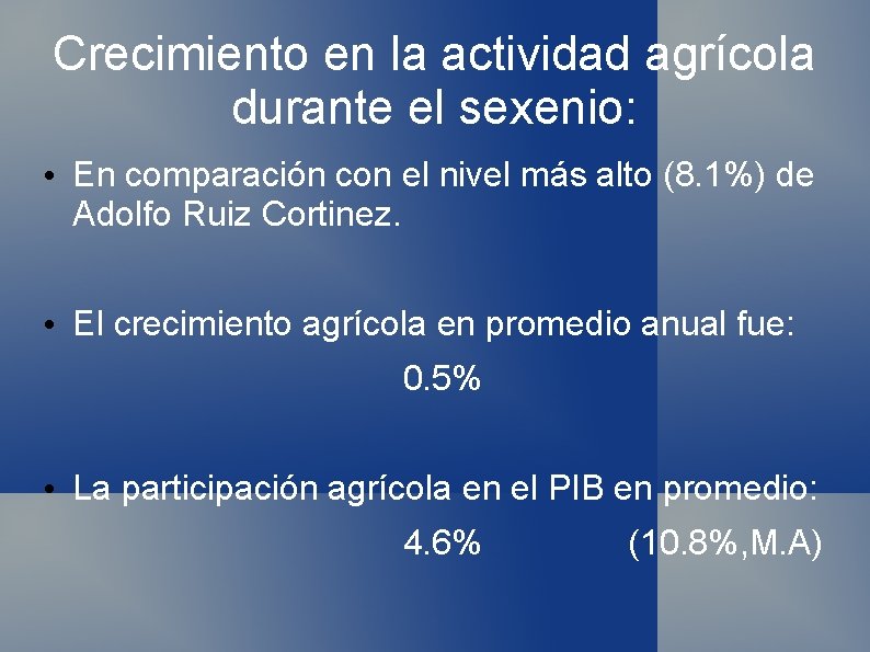 Crecimiento en la actividad agrícola durante el sexenio: • En comparación con el nivel Crecimiento en la actividad agrícola durante el sexenio: • En comparación con el nivel
