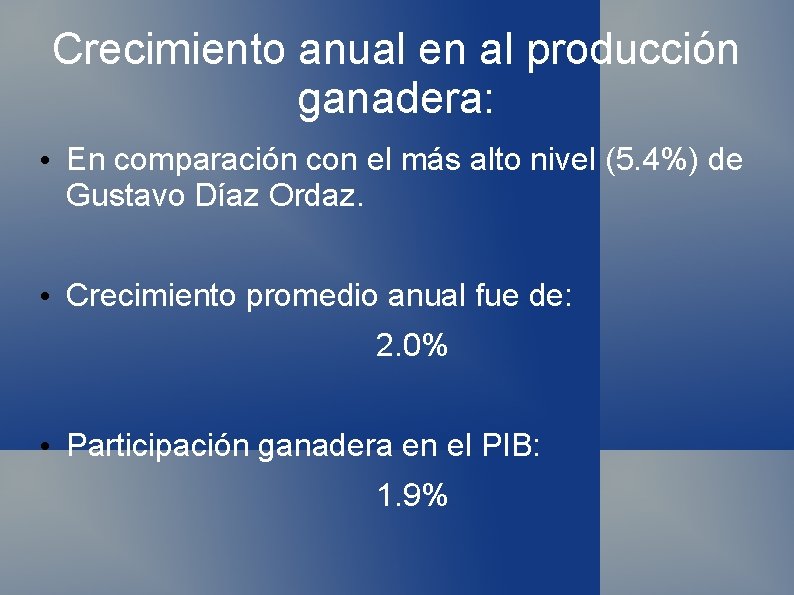 Crecimiento anual en al producción ganadera: • En comparación con el más alto nivel Crecimiento anual en al producción ganadera: • En comparación con el más alto nivel