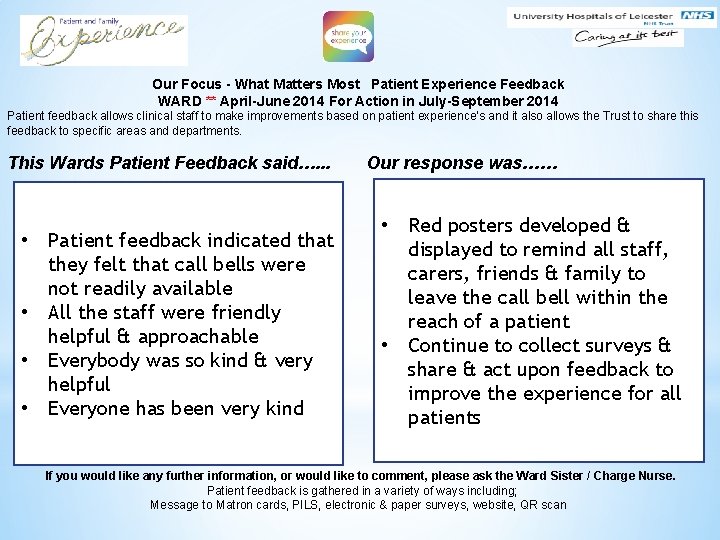 * Our Focus - What Matters Most Patient Experience Feedback WARD ** April-June 2014