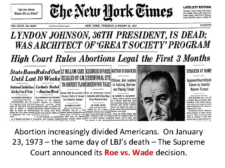 Abortion increasingly divided Americans. On January 23, 1973 – the same day of LBJ’s