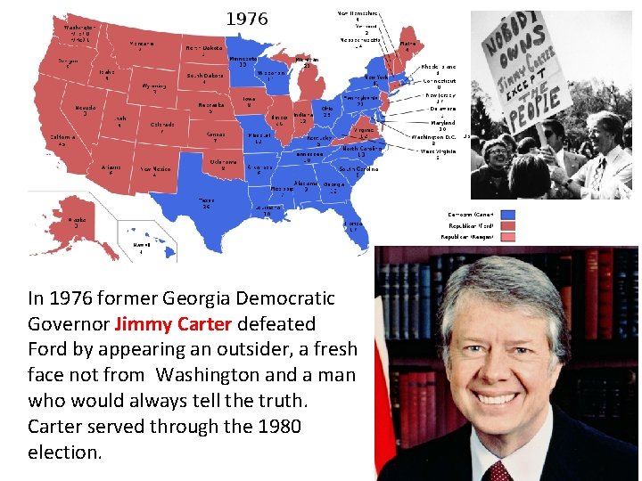 In 1976 former Georgia Democratic Governor Jimmy Carter defeated Ford by appearing an outsider,