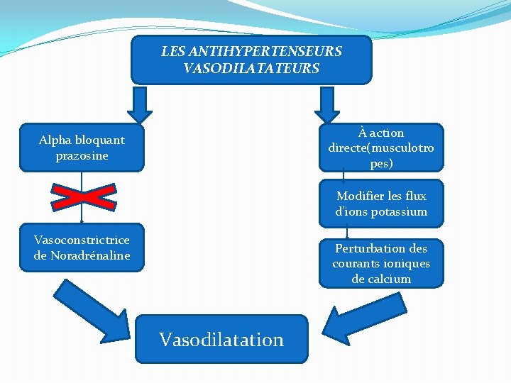 LES ANTIHYPERTENSEURS VASODILATATEURS À action directe(musculotro pes) Alpha bloquant prazosine Modifier les flux d’ions