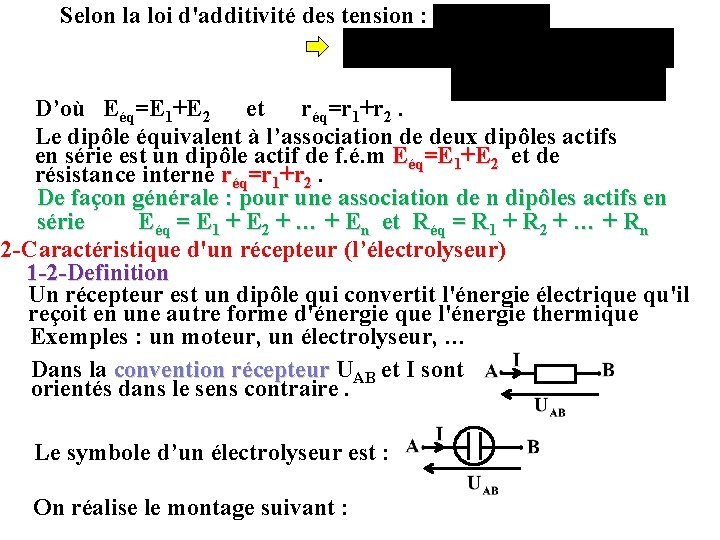 Selon la loi d'additivité des tension : D’où Eéq=E 1+E 2 et réq=r 1+r Selon la loi d'additivité des tension : D’où Eéq=E 1+E 2 et réq=r 1+r