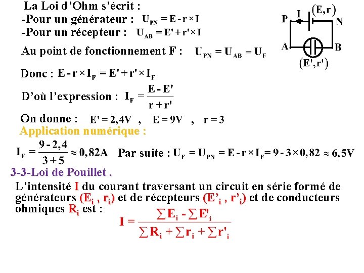 La Loi d’Ohm s’écrit : -Pour un générateur : -Pour un récepteur : Au