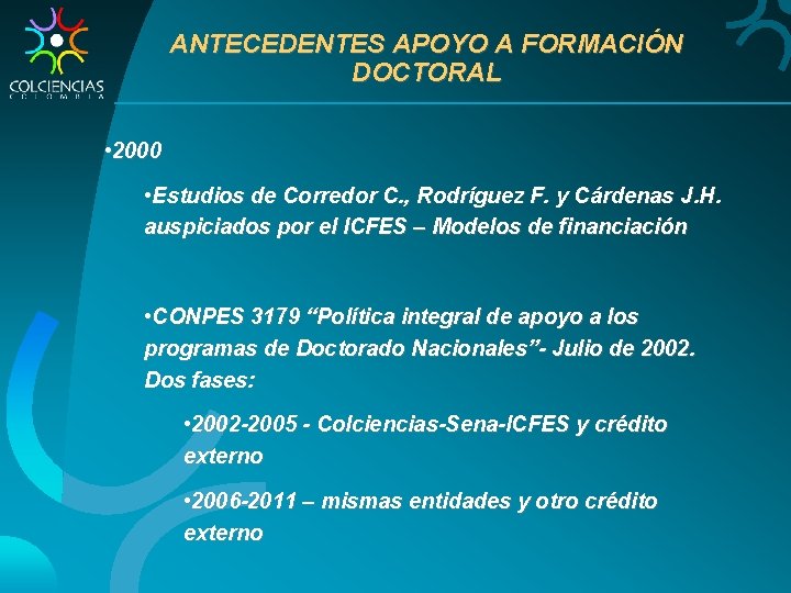 ANTECEDENTES APOYO A FORMACIÓN DOCTORAL • 2000 • Estudios de Corredor C. , Rodríguez