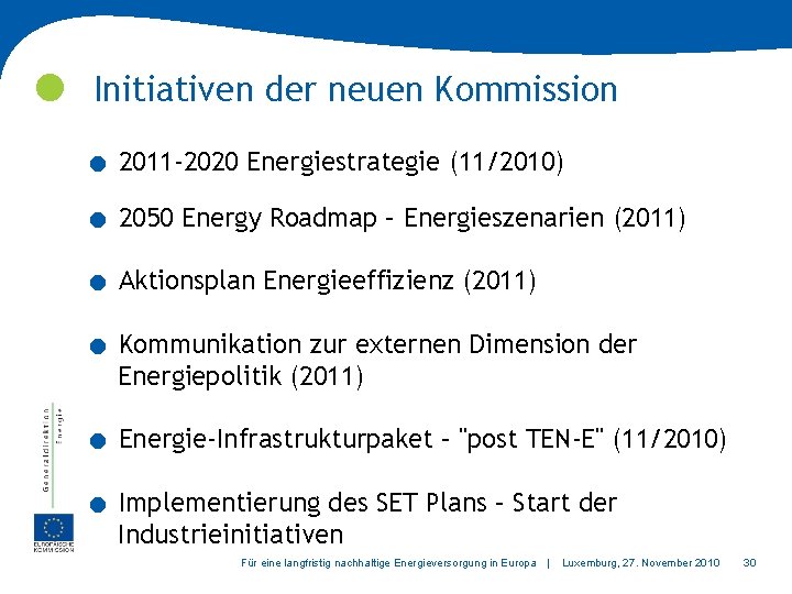 Initiativen der neuen Kommission . . . 2011 -2020 Energiestrategie (11/2010) 2050 Energy