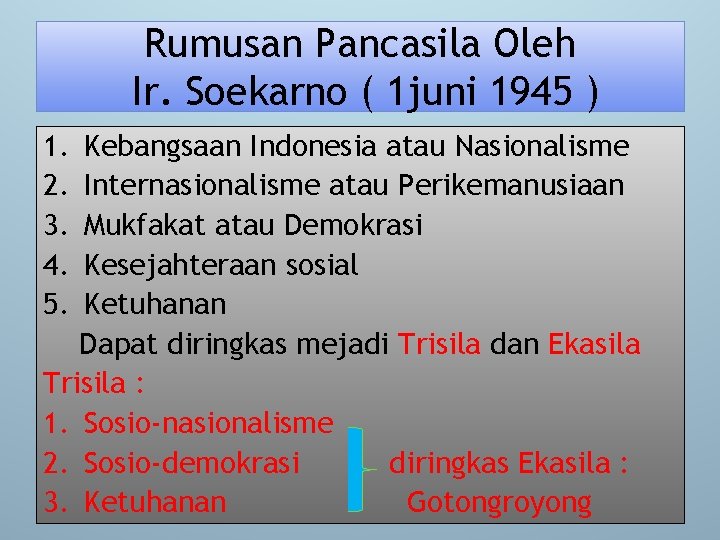 Rumusan Pancasila Oleh Ir. Soekarno ( 1 juni 1945 ) 1. 2. 3. 4.