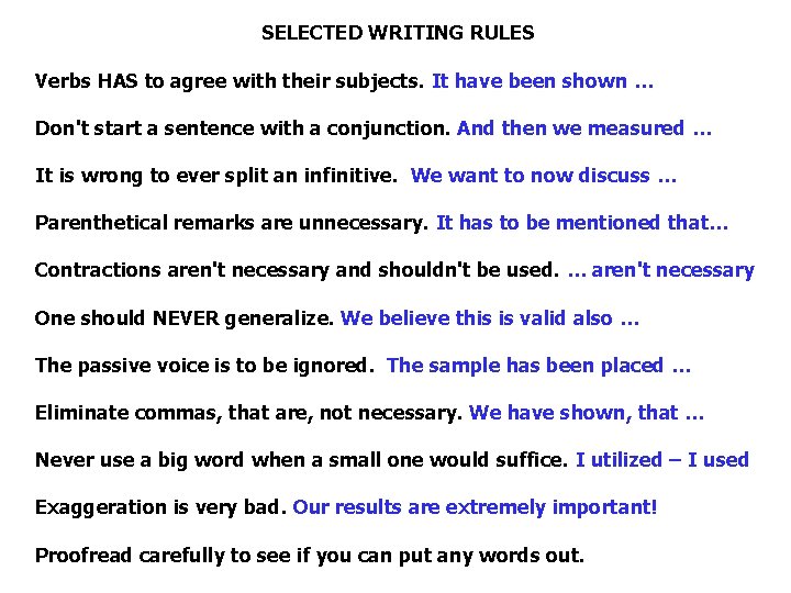 SELECTED WRITING RULES Verbs HAS to agree with their subjects. It have been shown