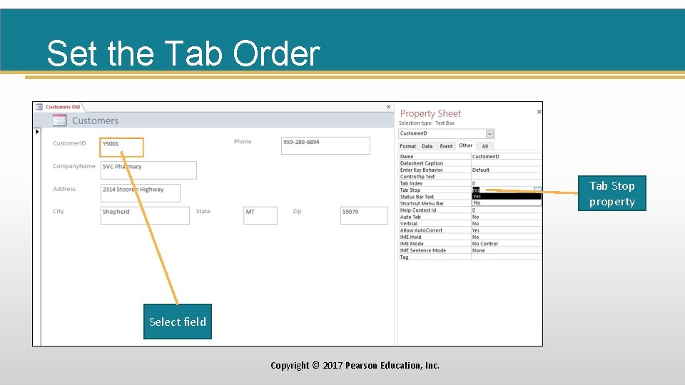 Set the Tab Order Tab Stop property Select field Copyright © 2017 Pearson Education,