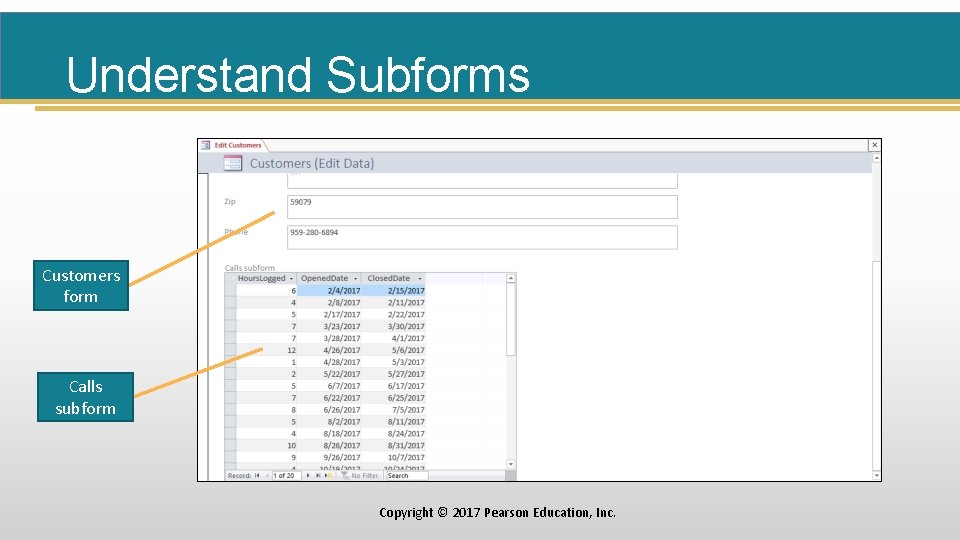 Understand Subforms Customers form Calls subform Copyright © 2017 Pearson Education, Inc. 