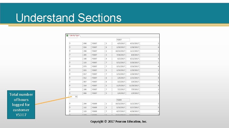 Understand Sections Total number of hours logged for customer YS 007 Copyright © 2017