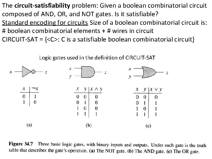 The circuit-satisfiability problem: Given a boolean combinatorial circuit composed of AND, OR, and NOT