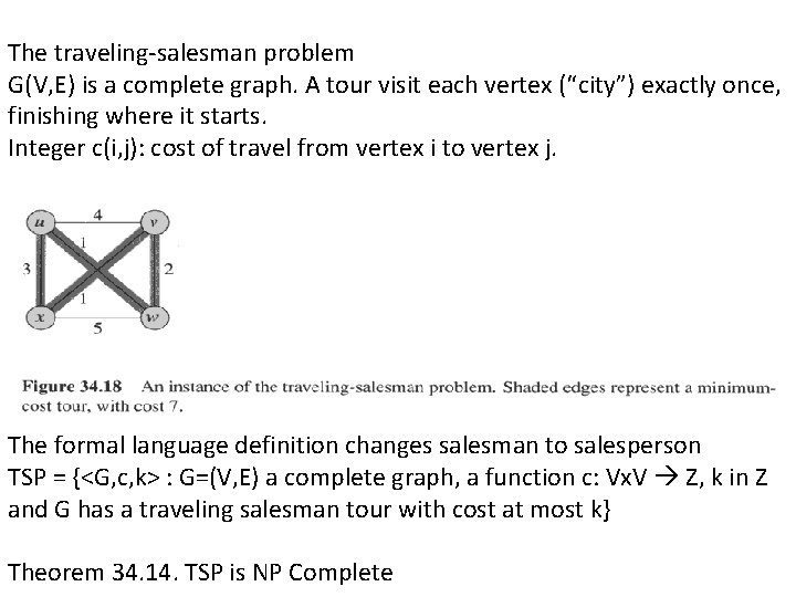The traveling-salesman problem G(V, E) is a complete graph. A tour visit each vertex