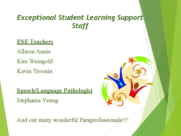 Exceptional Student Learning Support Staff ESE Teachers Allison Annis Kim Weingold Kevin Troonin Speech/Language