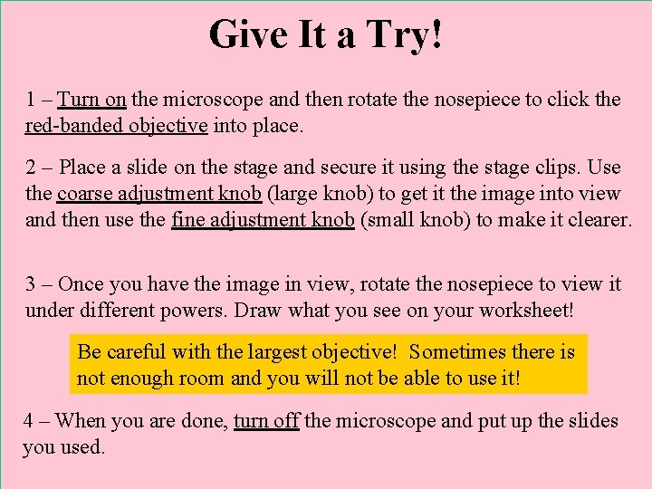 Give It a Try! 1 – Turn on the microscope and then rotate the