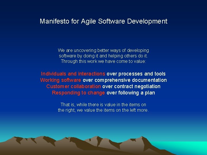 Manifesto for Agile Software Development We are uncovering better ways of developing software by