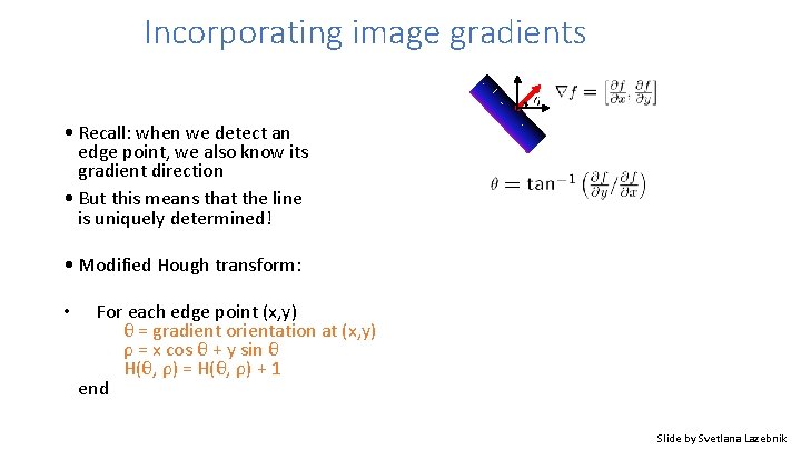 Incorporating image gradients • Recall: when we detect an edge point, we also know