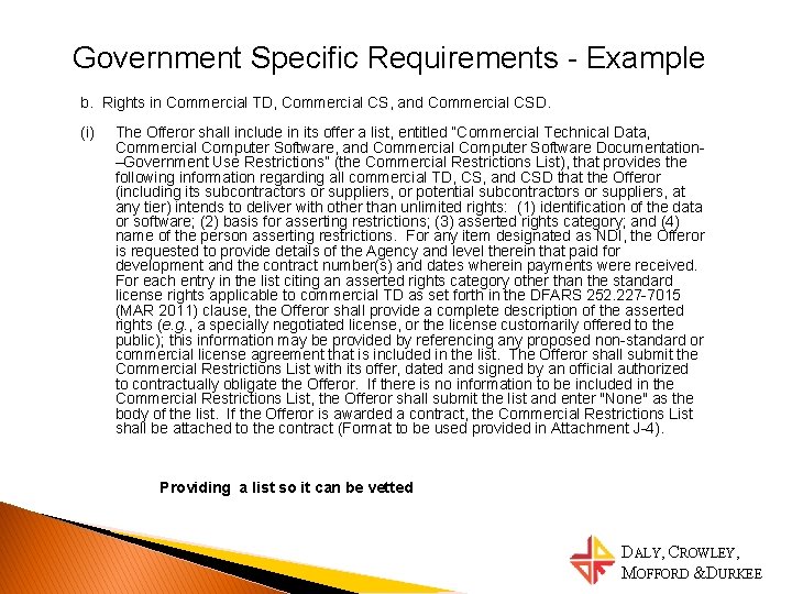 Government Specific Requirements - Example b. Rights in Commercial TD, Commercial CS, and Commercial