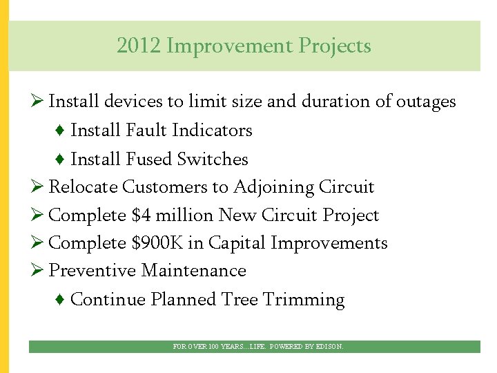 2012 Improvement Projects Ø Install devices to limit size and duration of outages ♦