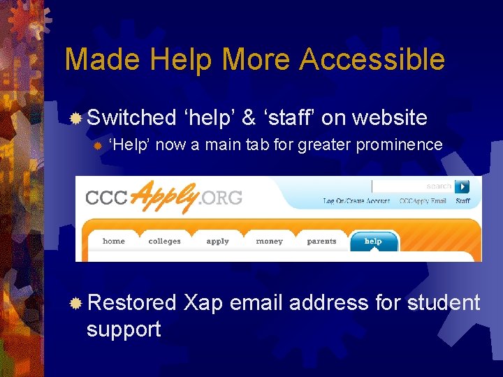 Made Help More Accessible ® Switched ® ‘help’ & ‘staff’ on website ‘Help’ now