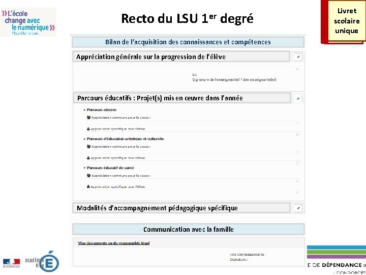 Recto du LSU 1 er degré Bilan de l’acquisition des connaissances et compétences Appréciation