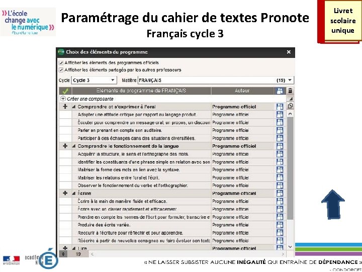 Paramétrage du cahier de textes Pronote Français cycle 3 Livret scolaire unique 