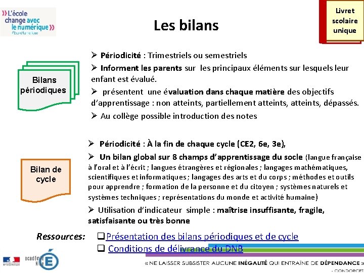 Les bilans Bilans périodiques Livret scolaire unique Ø Périodicité : Trimestriels ou semestriels Ø