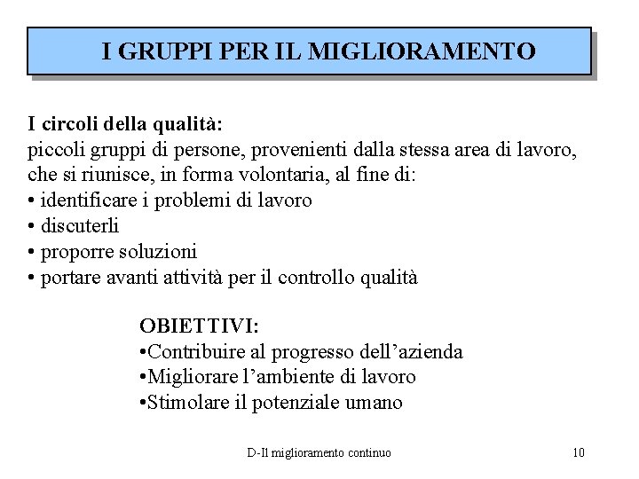 I GRUPPI PER IL MIGLIORAMENTO I circoli della qualità: piccoli gruppi di persone, provenienti