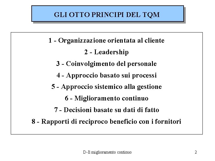 GLI OTTO PRINCIPI DEL TQM 1 - Organizzazione orientata al cliente 2 - Leadership