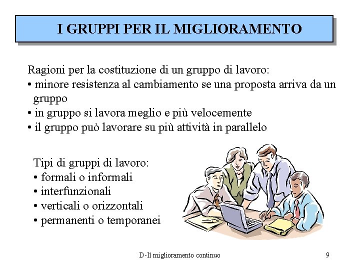 I GRUPPI PER IL MIGLIORAMENTO Ragioni per la costituzione di un gruppo di lavoro: