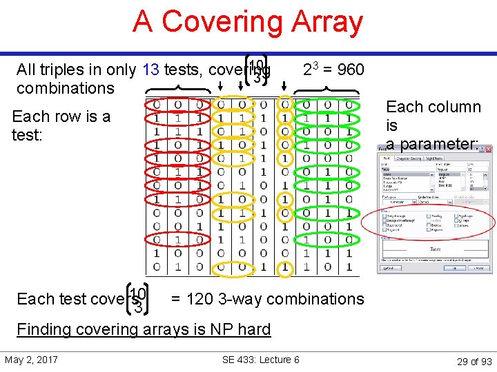 A Covering Array 10 All triples in only 13 tests, covering 3 combinations 23