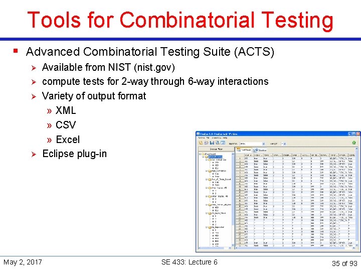 Tools for Combinatorial Testing § Advanced Combinatorial Testing Suite (ACTS) Ø Ø Available from