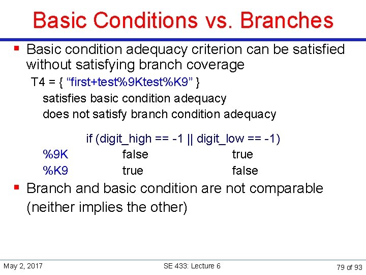 Basic Conditions vs. Branches § Basic condition adequacy criterion can be satisfied without satisfying